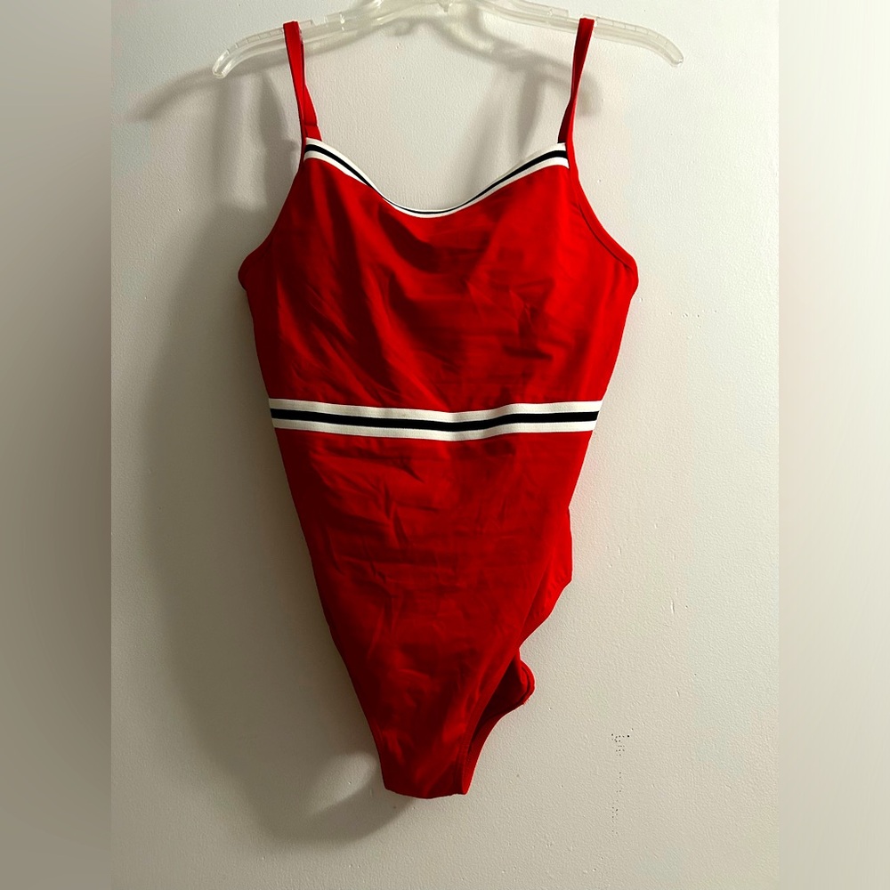 Red Striped One-Piece Swimsuit - Classic Scoop Neck